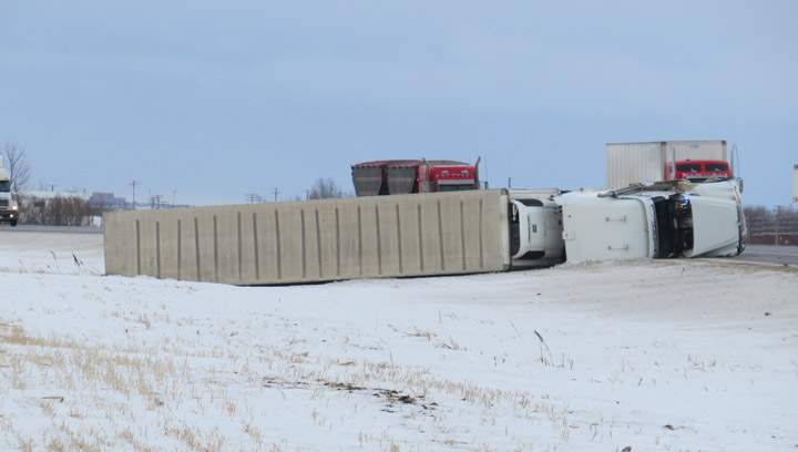 A semi may have been blown over by high winds on Highway 11 between Saskatoon and Warman on Jan. 15, 2014.