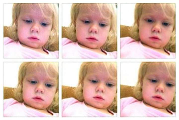 This January 2014 screen grab shows a photo collage provided by Brandi Koskie of her daughter, Paisley, 3, in selfies that Paisley shot on her mother’s phone in an unsupervised moment at her Wichita, Kansas home. An increasing number of parents of toddlers are finding their tech-savvy 2- and 3-year-old kids are obsessed with selfies. (AP Photo/Brandi Koskie)