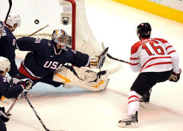 Canadian forward Jonathan Toews (16) scores Canada's first goal during the Men's Gold Medal Hockey match between USA and Canada at the Canada Hockey Place during the XXI Winter Olympic Games in Vancouver, Canada on February 28, 2010.