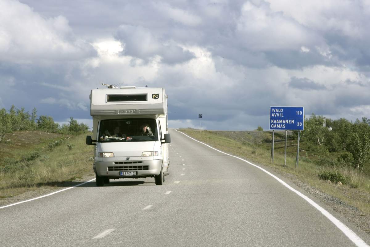 A mobile home on the road in Lapland. Saariselka, Finland.