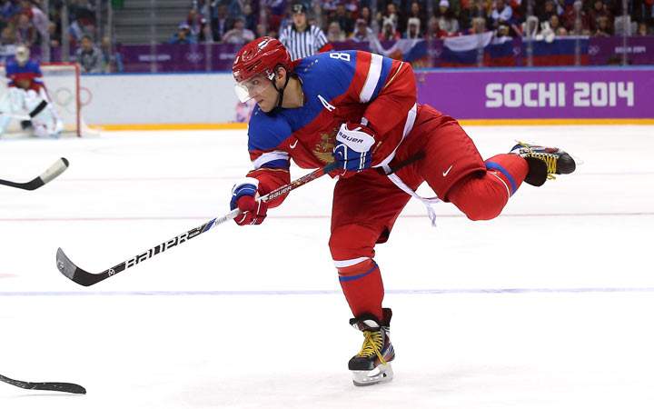 Alexander Ovechkin #8 of Russia skates against Slovenia during the Men's Ice Hockey Preliminary Round Group A game on day six of the Sochi 2014 Winter Olympics at Bolshoy Ice Dome on February 13, 2014 in Sochi, Russia.