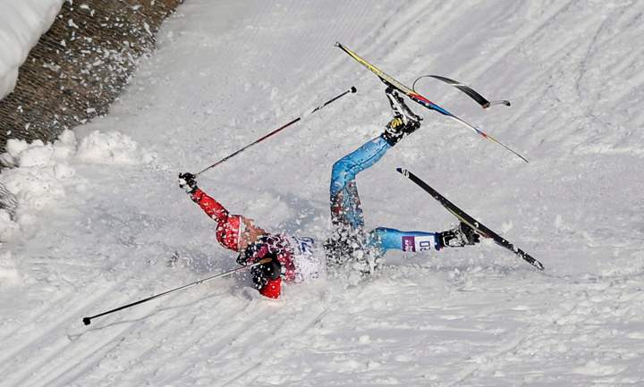 Russia’s Anton Gafarov falls with a broken ski during his men’s semifinal of the cross-country sprint at the 2014 Winter Olympics, Tuesday, Feb. 11, 2014, in Krasnaya Polyana, Russia.