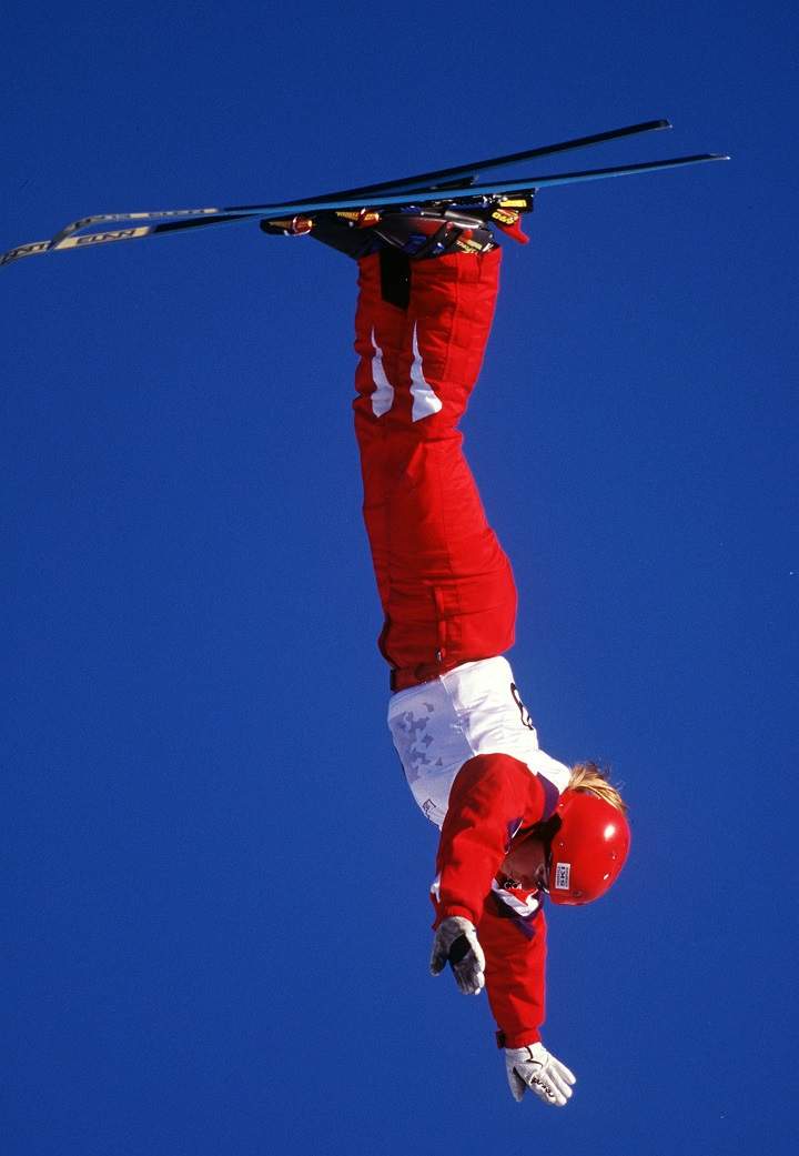 Canada's Caroline Olivier participating in the women's freestyle ski event at the 1994 Lillehammer Winter Olympics.