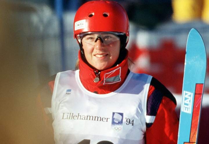 Canada's Caroline Olivier participates in the women's freestyle ski aerials event at the 1994 Lillehammer Winter Olympics.