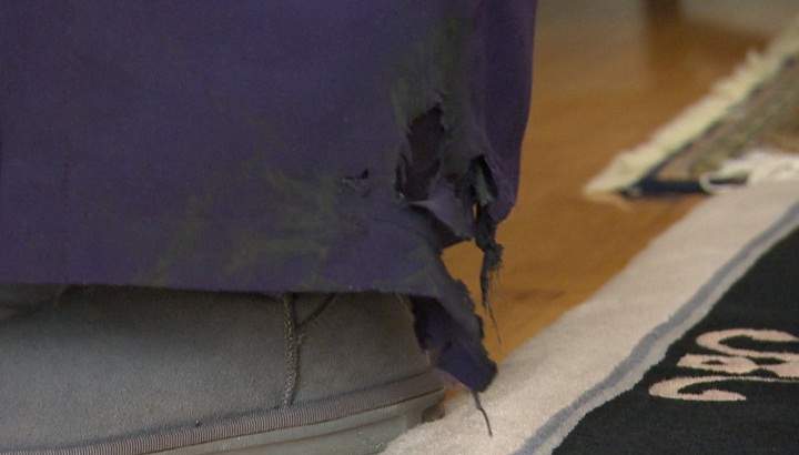 The bottom of Joyce Ostroff’s coat after it was caught in the escalator at Fabre metro station in Montreal.