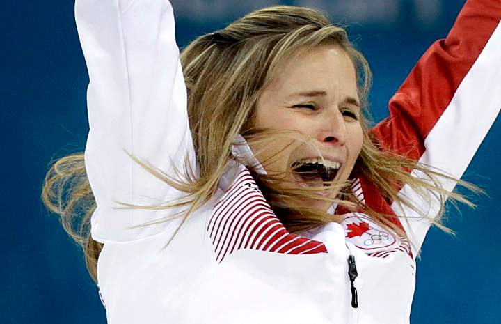 Canada’s skip Jennifer Jones celebrates after winning the women’s curling gold medal game against Sweden at the 2014 Winter Olympics, Thursday, Feb. 20, 2014, in Sochi, Russia.