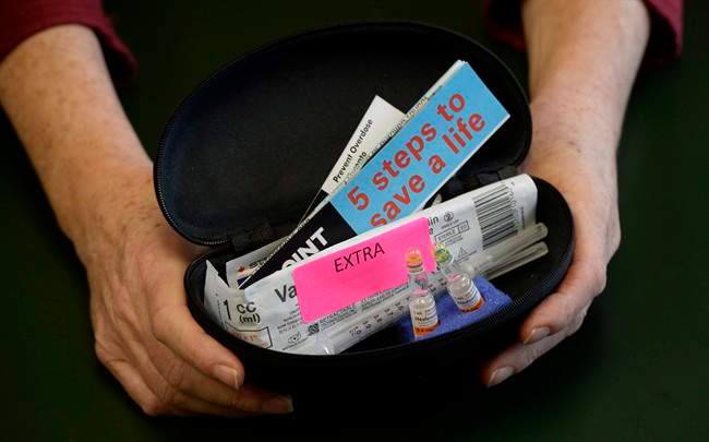 FILE: A naloxone kit from Toronto Public Health is shown in a Friday, Feb. 14, 2014 photo. 