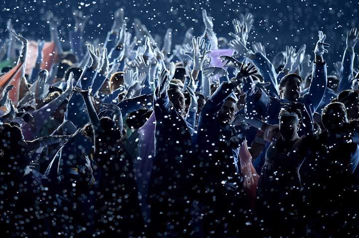Dancers in snow at the Opening Ceremony in Sochi