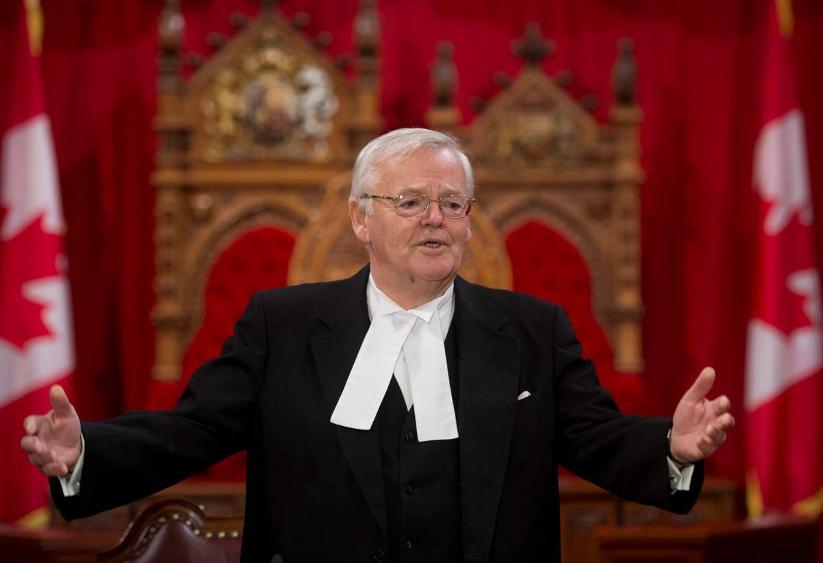 Speaker of the Senate Noel Kinsella speaks with the media in the Senate Chamber,  Monday,  December 2, 2013 on Parliament Hill in Ottawa. THE CANADIAN PRESS/Adrian Wyld.