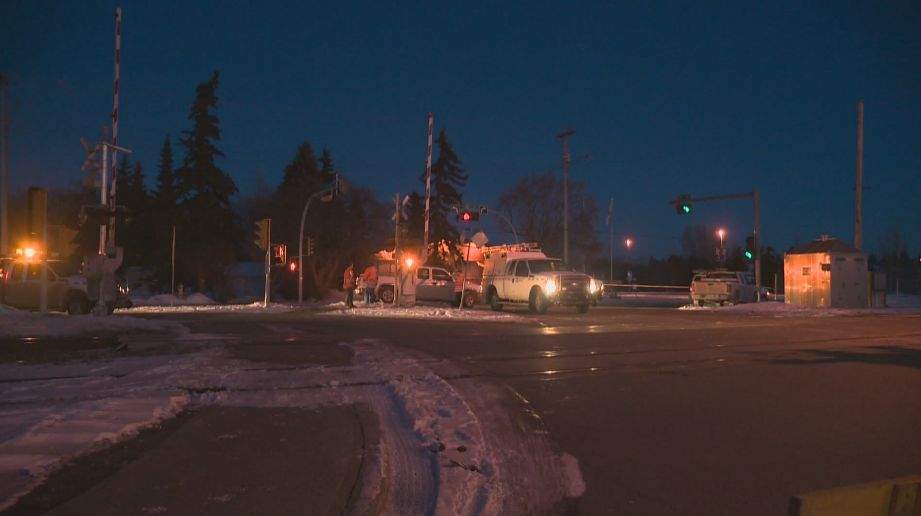 The collision, which appears to have involved a vehicle and a train, happened along 50 Ave. between 46 and 47 St.  
