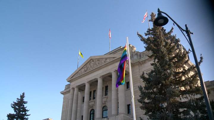 A pride flag was flying at the Legislature building on Sunday in Regina.