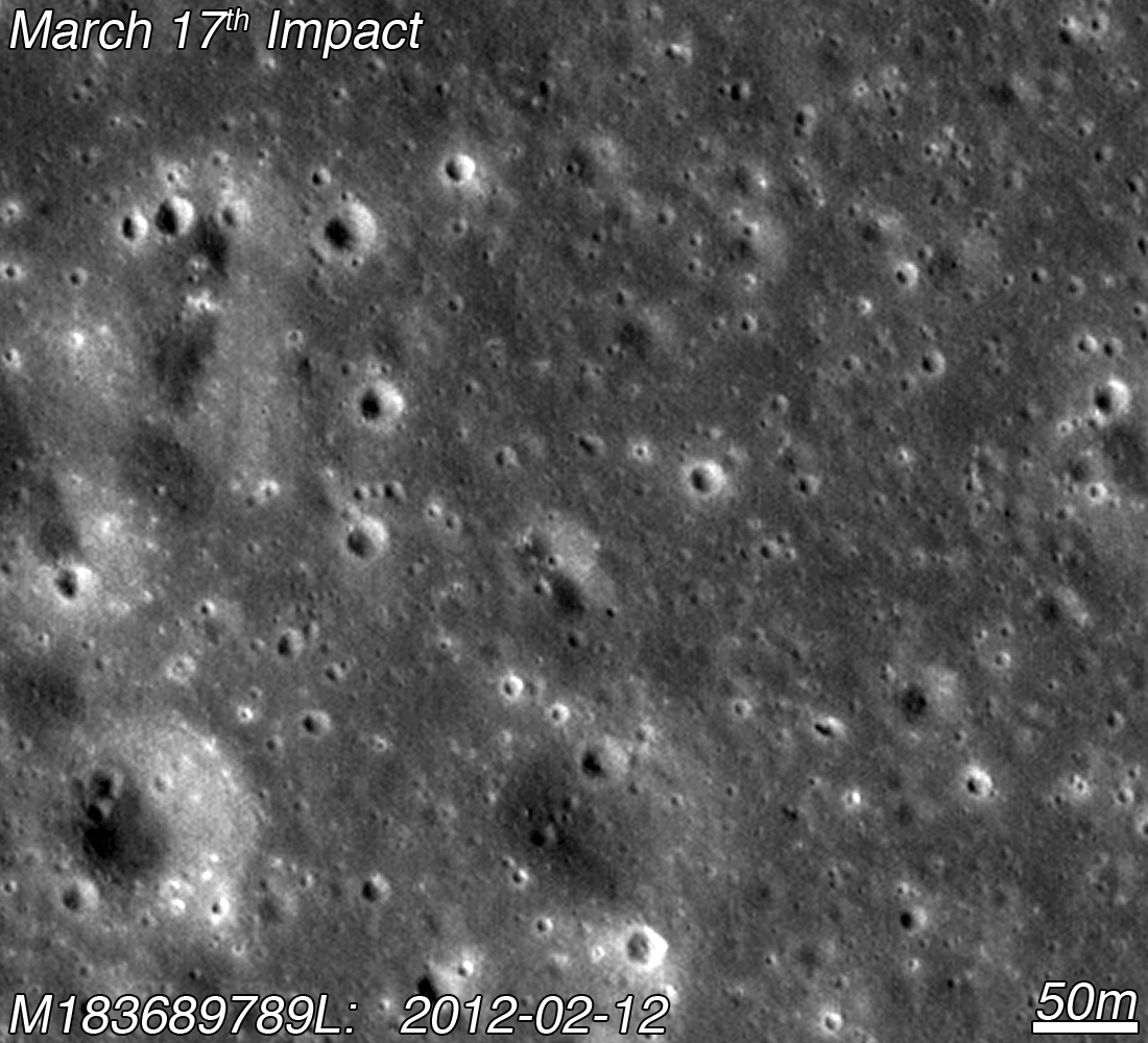 The Lunar Reconnaissance Orbiter Camera shows before and after images of the March 2013 impact on a meteorite on the moon.