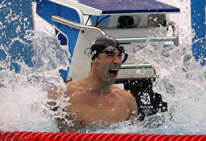 Take a look at Michael Phelps after he wins in the Men’s 100m Butterfly Final in the 2008 Olympics in Beijing. (Ezra Shaw/Getty Images)