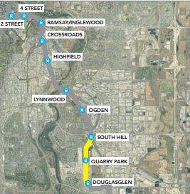 Below: City of Calgary map showing north-central/southeast LRT alignment