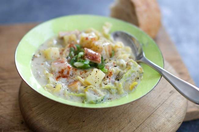 A mandoline helps pair potatoes with baked haddock