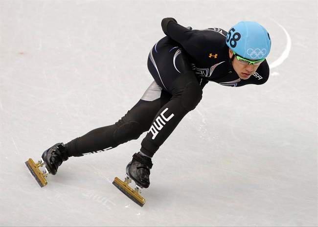 J.R. Celski of the United States competes in a men's 1000m short track speedskating. 