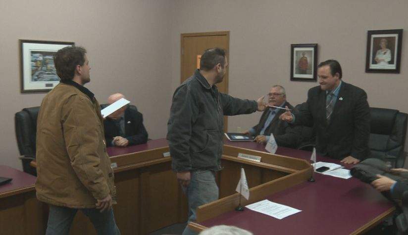 Two members of Thorsby’s Chamber of Commerce hand the mayor their resignation letters following Tuesday’s meeting, during which former Strathcona councillor Jason Gariepy was appointed CAO.