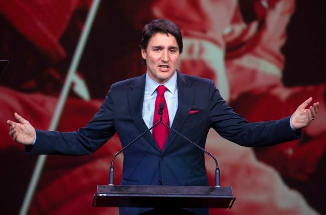 Federal Liberal leader Justin Trudeau makes his opening remarks at the party's Biennial convention Thursday,