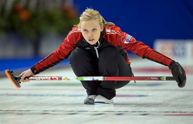 Ontario skip Allison Flaxey keeps an eye on her rock Monday in Montreal.