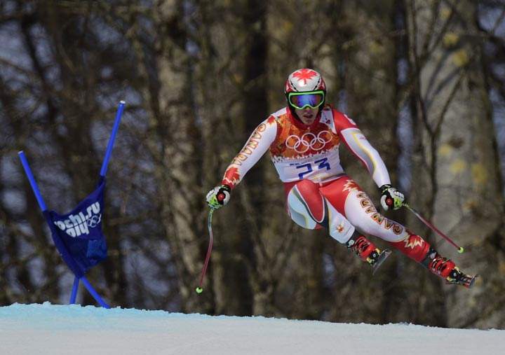 Canada’s Erik Guay competes during the Men’s Alpine Skiing Super-G at the Rosa Khutor Alpine Center during the Sochi Winter Olympics on February 16, 2014. (Olivier Morin/AFP/Getty Images)