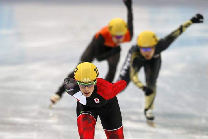 Canada’s Valerie Maltais competes to break a new Olympic Record in the Women’s Short Track 1000 m Heats at the Iceberg Skating Palace during the Sochi Winter Olympics on February 18, 2014. (Adrian Dennis/AFP/Getty Images)