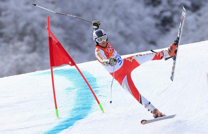 Canada’s Philip Brown falls during the Men’s Alpine Skiing Giant Slalom Run 1 at the Rosa Khutor Alpine Center during the Sochi Winter Olympics on February 19, 2014. (Alexander Klein/AFP/Getty Images)