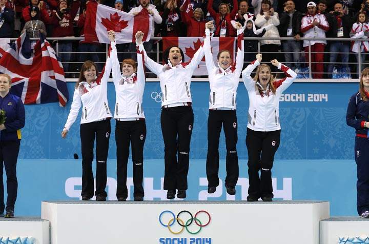 Canada's Sochi women's curling team, from left to right: Kirsten Wall, Dawn McEwen, Jill Officer, Kaitlyn Lawes and skip Jennifer Jones.