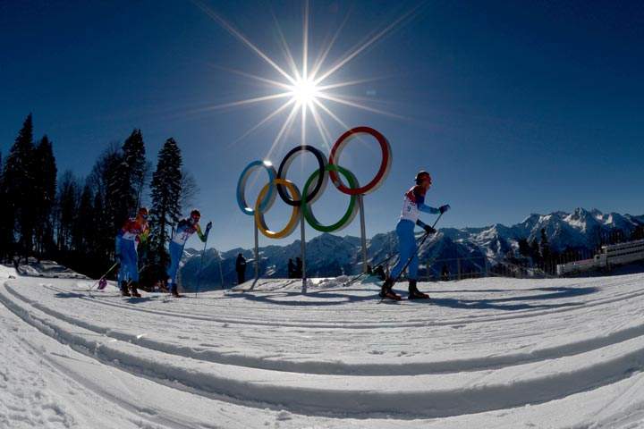 Volunteers take part in the cross-country training session at the Laura Cross Country Skiing and Biathlon Centre in Rosa Khutor, near Sochi, on February 6, 2014. (Kirill Kudryavtsev/AFP/Getty Images)