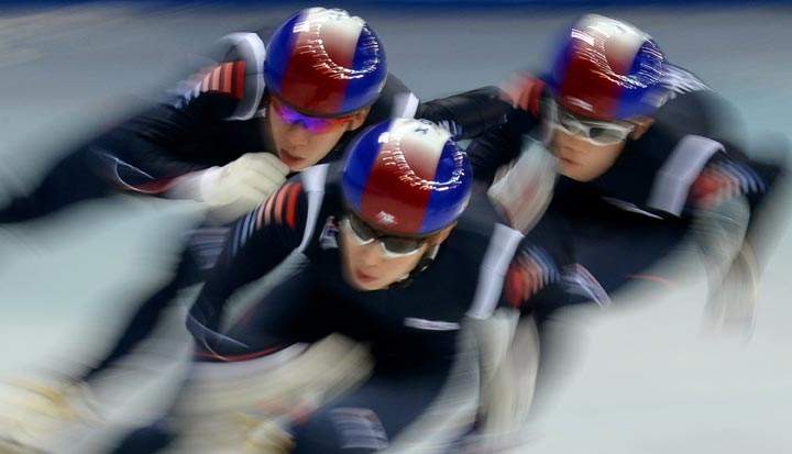 South Korea’s short track team practices during a training session at the Iceberg venue in Sochi on February 6, 2014. (Yuri Kadobnov/AFP/Getty Images)