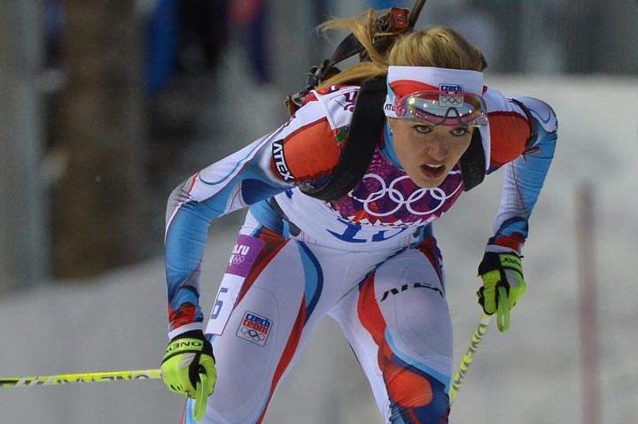 Czech Republic’s Gabriela Soukalova competes during the Women’s Biathlon 7.5 km Sprint event of the Sochi Winter Olympics at the Laura Cross-Country Ski and Biathlon Center on February 9, 2014. (Alberto Pizzoli/AFP/Getty Images)