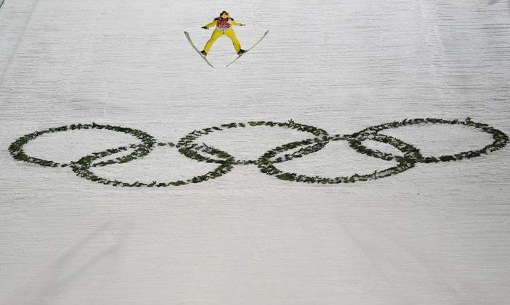 Japan’s Noriaki Kasai competes in the Men’s Ski Jumping Normal Hill Individual Final Round at the RusSki Gorki Jumping Center during the Sochi Winter Olympics on February 9, 2014 in Rosa Khutor. (John MacDougall/AFP/Getty Images)