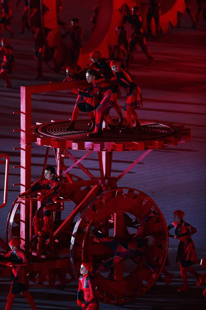 Actors portraying construction workers during the Opening Ceremony of the Sochi 2014 Winter Olympics at Fisht Olympic Stadium on February 7, 2014 in Sochi, Russia.
