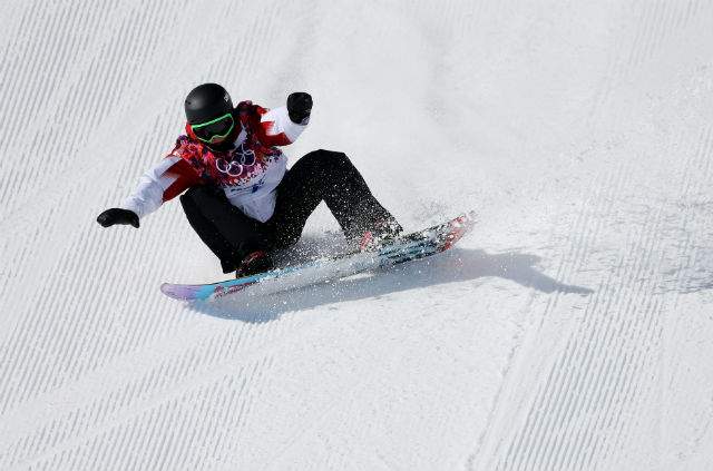 Canada's Sebastien Toutant during his first run of the Men's Snowboard Slopestyle Final