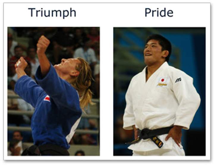 Photographs of Olympic athletes, used in Matsumoto’s study, show the contrast between expressions of triumph (left) and pride (right). (Photo courtesy San Francisco State University)