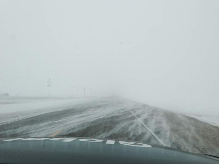 Winter weather has reduced visibility along Highway 59 south of Winnipeg on Monday.
