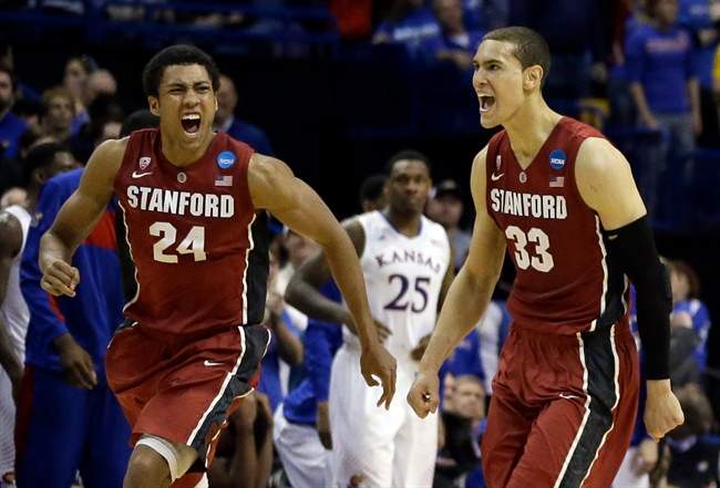 Stanford’s Josh Huestis, left, and Dwight Powell, right, celebrate as Kansas’ Tarik Black (25) watches in the background after in a third-round game of the NCAA college basketball tournament Sunday, March 23, 2014, in St. Louis.