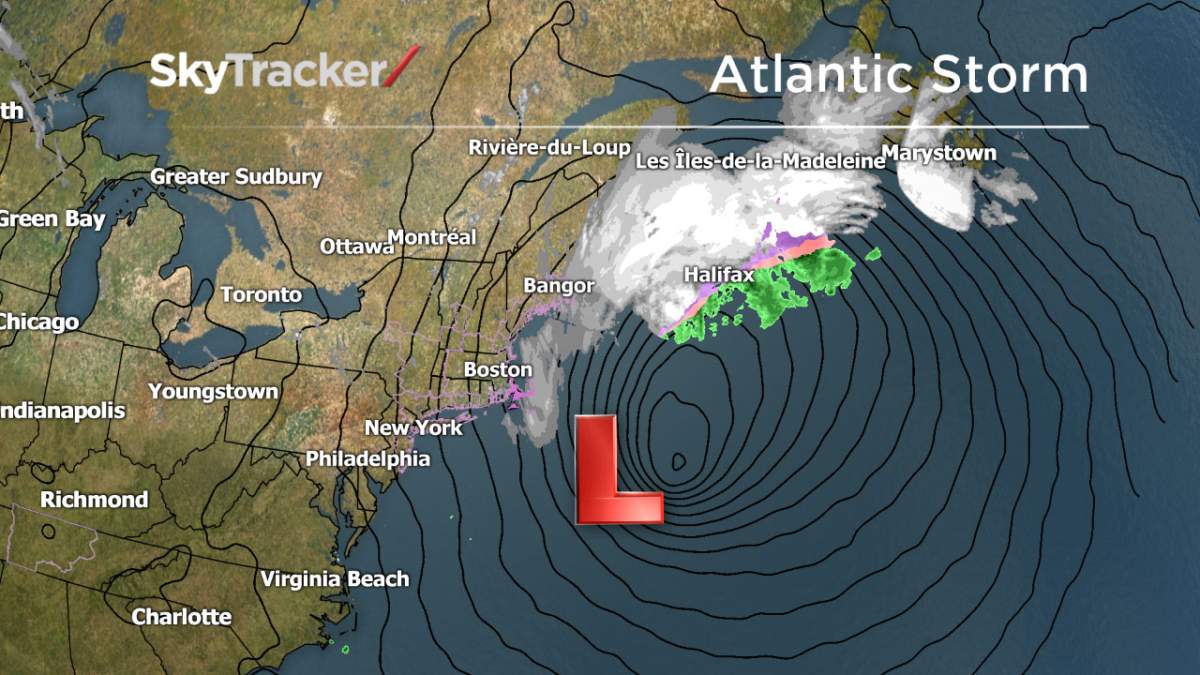 A low pressure system, marked with the ‘L,’ is seen here with the lines, or isobars, separating different areas of air pressure.