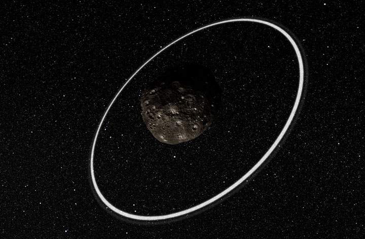 An artist’s impression of the asteroid Chariklo and its ring system. The 250-km–wide asteroid is the first known in our system to have rings.
