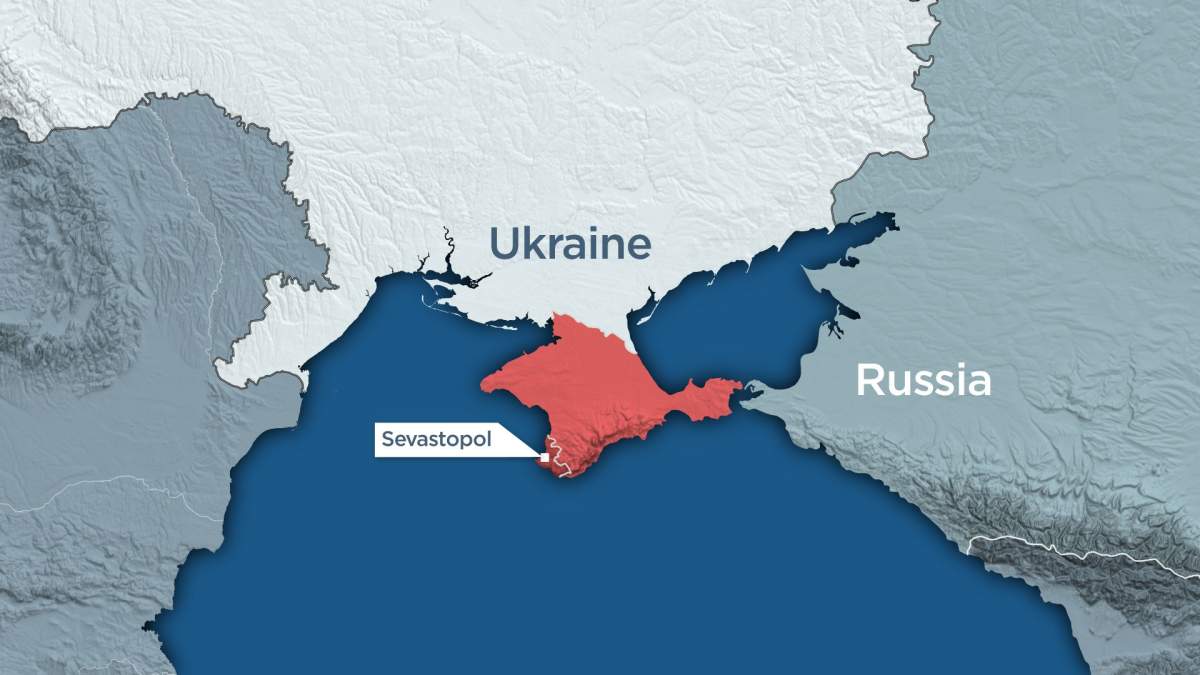 Map of the Crimean peninsula, including the autonomous region of Crimea and the Ukrainian port city of Sevastopol.