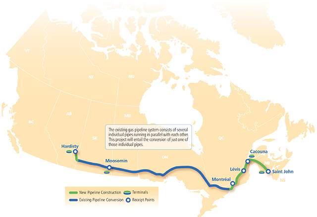 This map shows the route for the Energy East Pipeline. The exact route will not be finalized until the company has input from all stakeholders and communities.