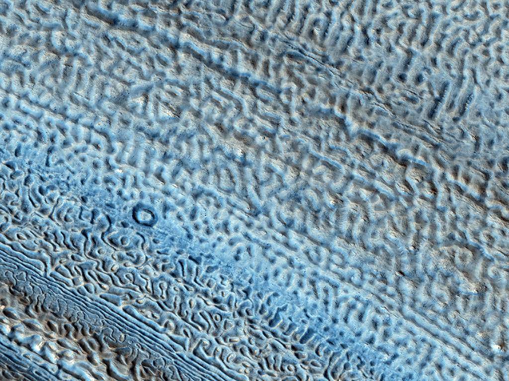 Brain freeze. This image shows icy features wrapping around a small hill. The base has an unusual texture which has lead it to be nicknamed the “brain terrain.”