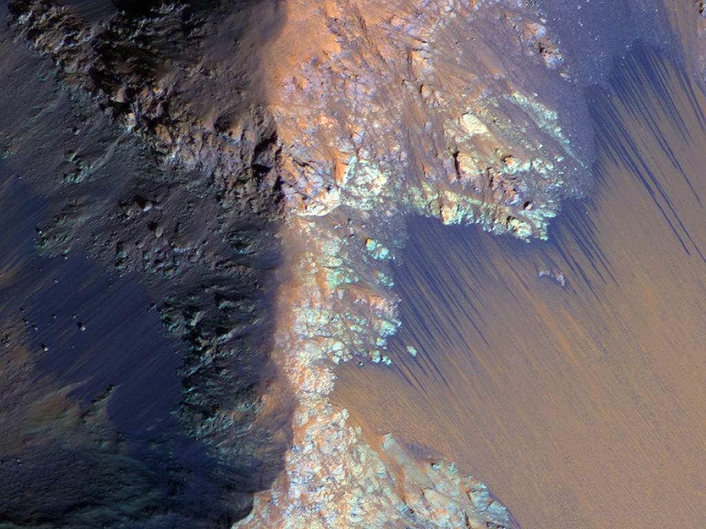Hints of water? These lines are called recurring slope linae (RSL), which could be due to active seeps of water. These RSLs abundant along the slopes of ancient bedrock in Coprates Chasma.