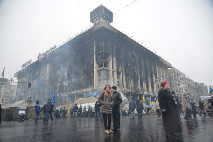 A burned building in the Kyiv's Independence Square, which was the scene of mass anti-government protests