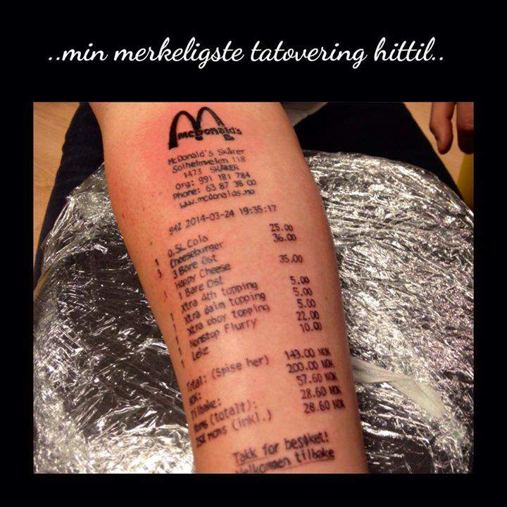 Photo of the McDonald’s receipt tattoo. Courtesy Sabelink Tattoo.