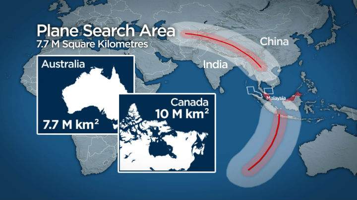 The search area for Malaysia Airlines Flight MH370 now covers 7.7 million square kilometres.