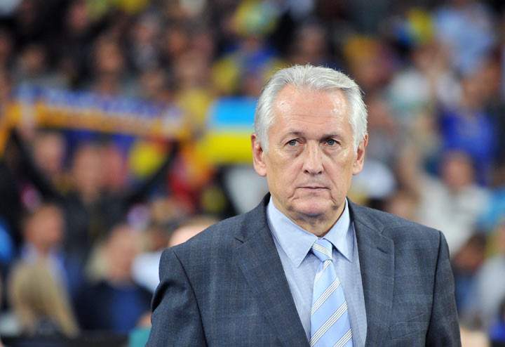 Ukraine head coach Mykhailo Fomenko reacts on September 10, 2013 during a 2014 FIFA World Cup, group H, qualifying football match against England in Kyiv. 