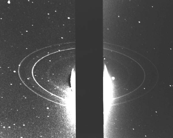 Due to the long-exposure needed to expose Neptune’s rings, the planet is covered in this Voyager 2 image.