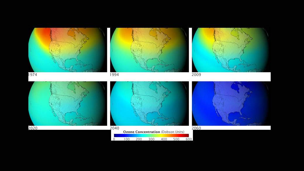 In 2009, a team of NASA-led scientists set out to predict what the ozone layer would have looked like today and in the future if countries around the world had not signed the Montreal Protocol Treaty banning ozone-depleting chemicals. This series of images shows ozone concentrations over the mid-latitudes in these scenarios.