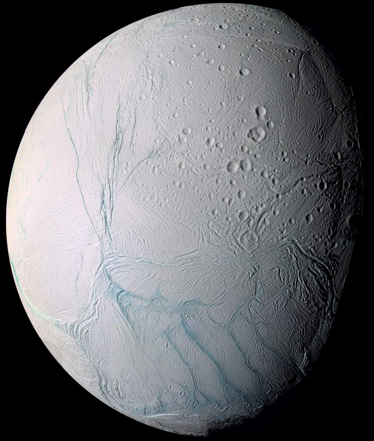 A false-colour mosaic of Enceladus, taken by the Cassini spacecraft on in 2005.
