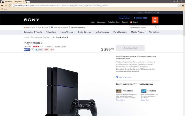 A screenshot from the Sony Canada website.